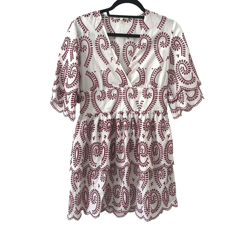 Maje Sz US L | FR 3 White Red Eyelet Embroidery Mini Dress Tiered Boho Chic